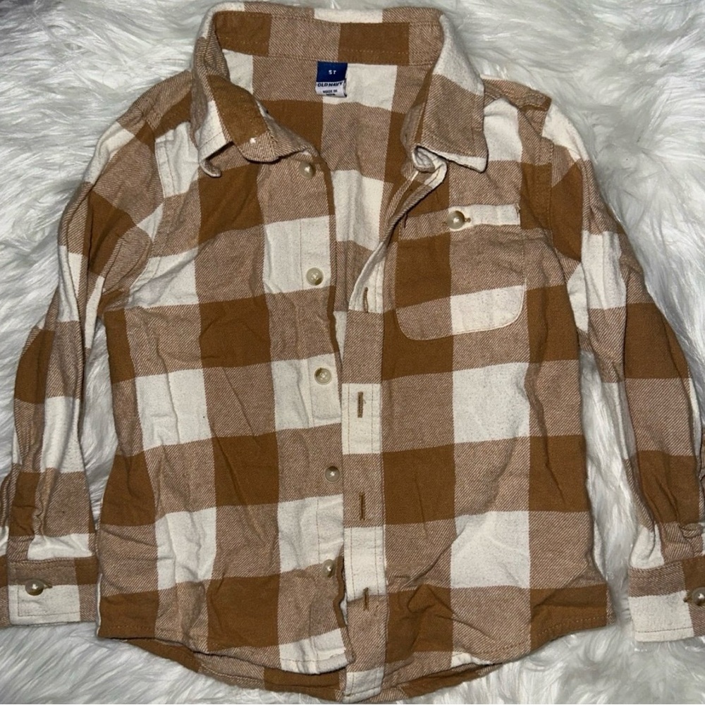 Old Navy Kids Tan & White Plaid Button Down Shirt - Size 5T - Gently Used